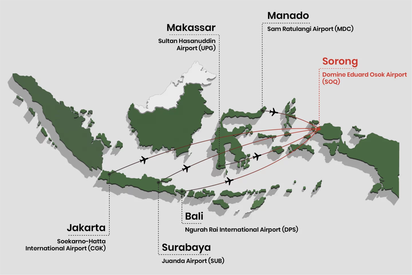 Flight routes to get to Sorong, Raja Ampat